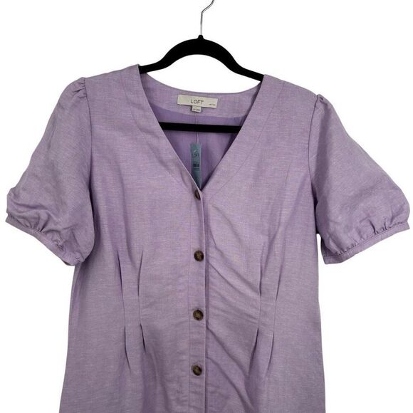 LOFT Orchid Flash Linen Button Front V-Neck Puff Sleeve Dress Size 12 Petite NWT - Picture 3 of 10